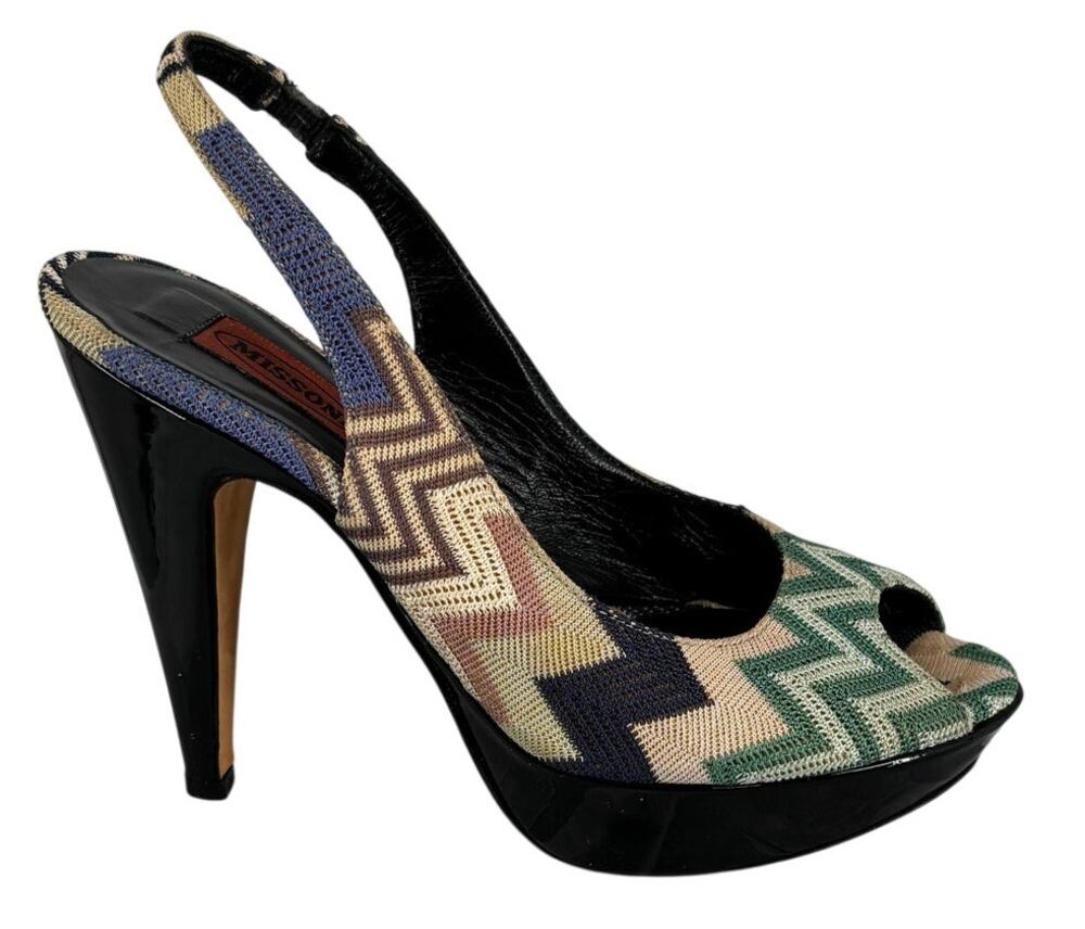 MISSONI Peep Toe Platform Pumps Stiletto 38.5 Slingback Chevron Knit taly